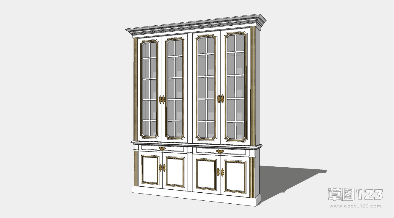 欧式风格白色带玻璃窗书柜su模型欧式柜子-125.jpg(1)