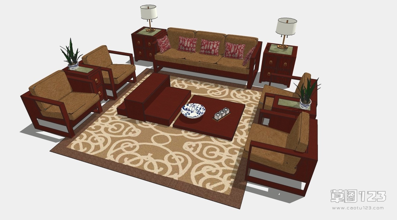 新中式实木沙发茶几地毯组合su模型004_新中式沙发.jpg(1)