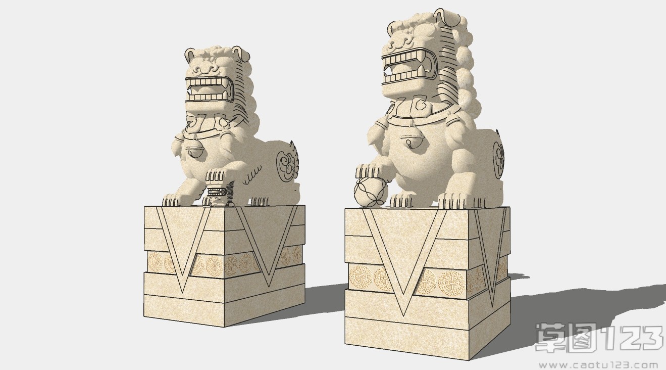 中式石狮子石雕雕塑小品一对su模型1.jpg(1)