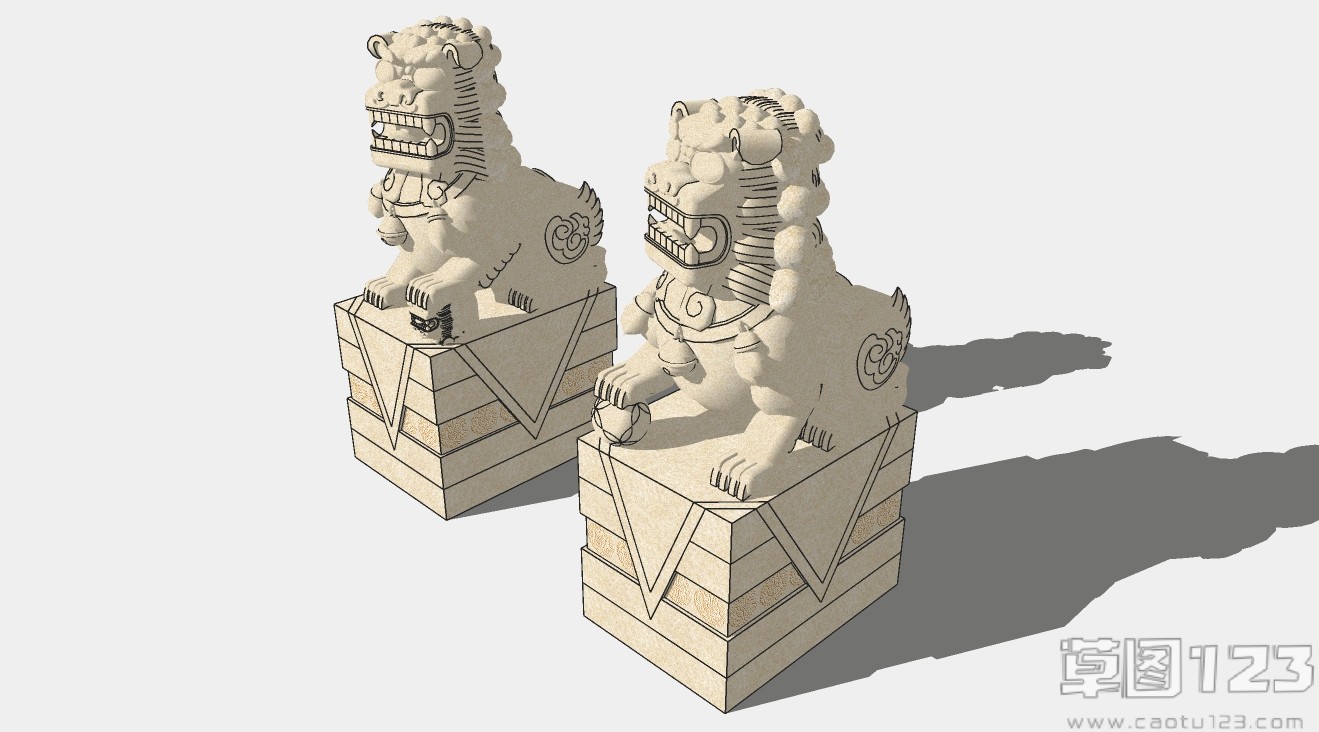 中式石狮子石雕雕塑小品一对su模型2.jpg(2)