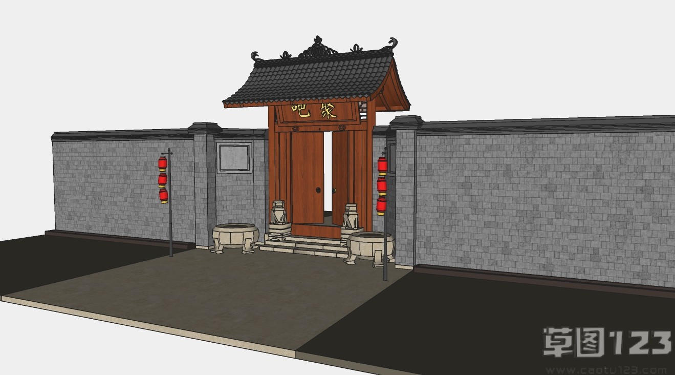 中式围墙入户大门古建筑su模型1.jpg(1)