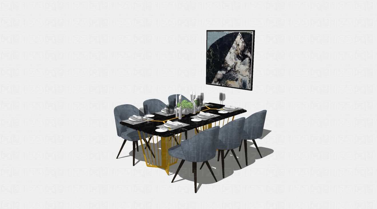 现代多人方形餐桌椅子组合su模型1.jpg(1)