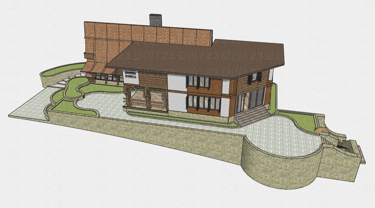 户外独栋别墅住宅su模型下载_skp草图大师sketchup模型_草图123