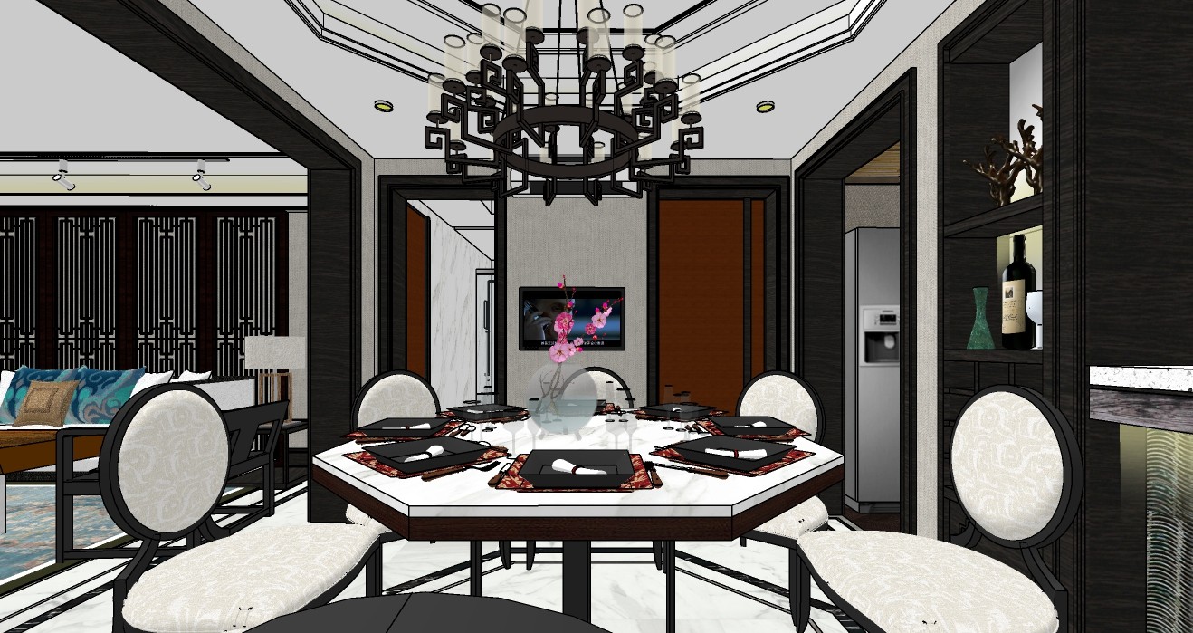 新中式风格餐厅客厅整体设计su模型4.jpg(4)