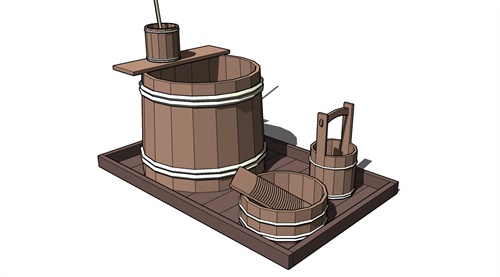 中式实木洗衣盆储水桶组合su模型