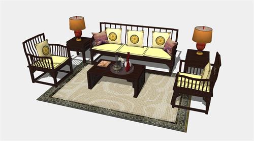 新中式实木沙发茶几组合su模型
