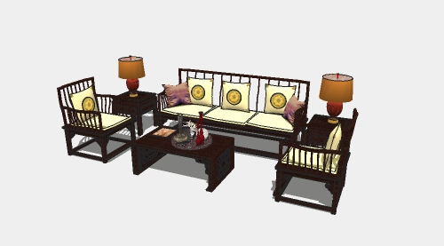 新中式实木沙发家具茶几组合su模型