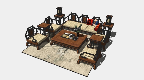 新中式实木沙发茶几客厅组合su模型