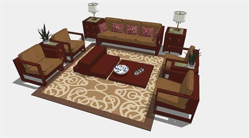 新中式实木沙发茶几地毯组合su模型