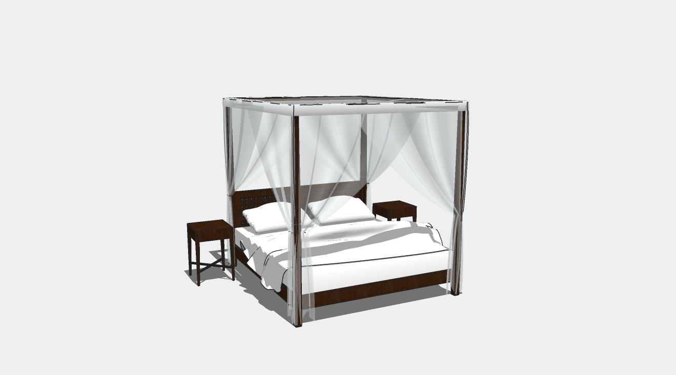新中式风格双人床带床头柜蚊帐su模型