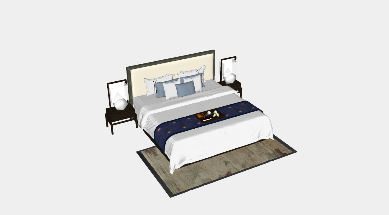 欧式风格双人床带床头柜地毯整套su模型