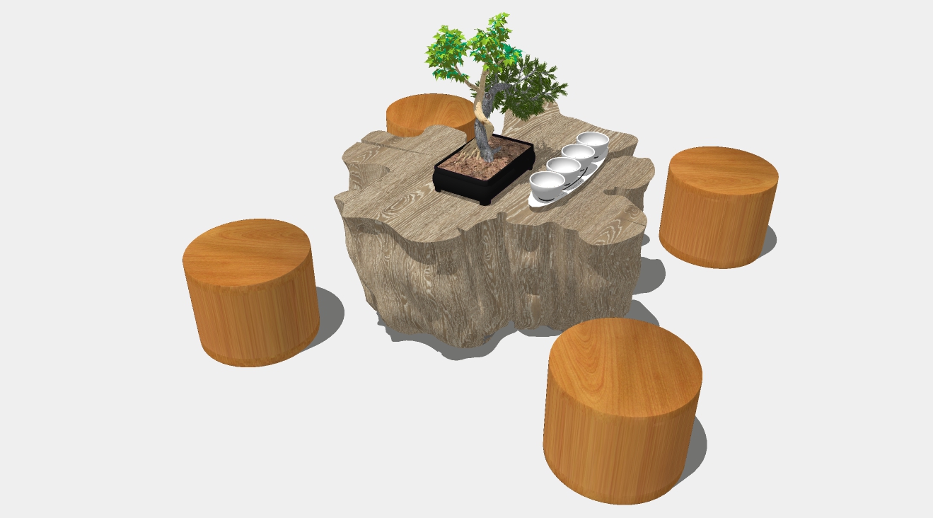 新中式根雕茶桌座椅组合su模型