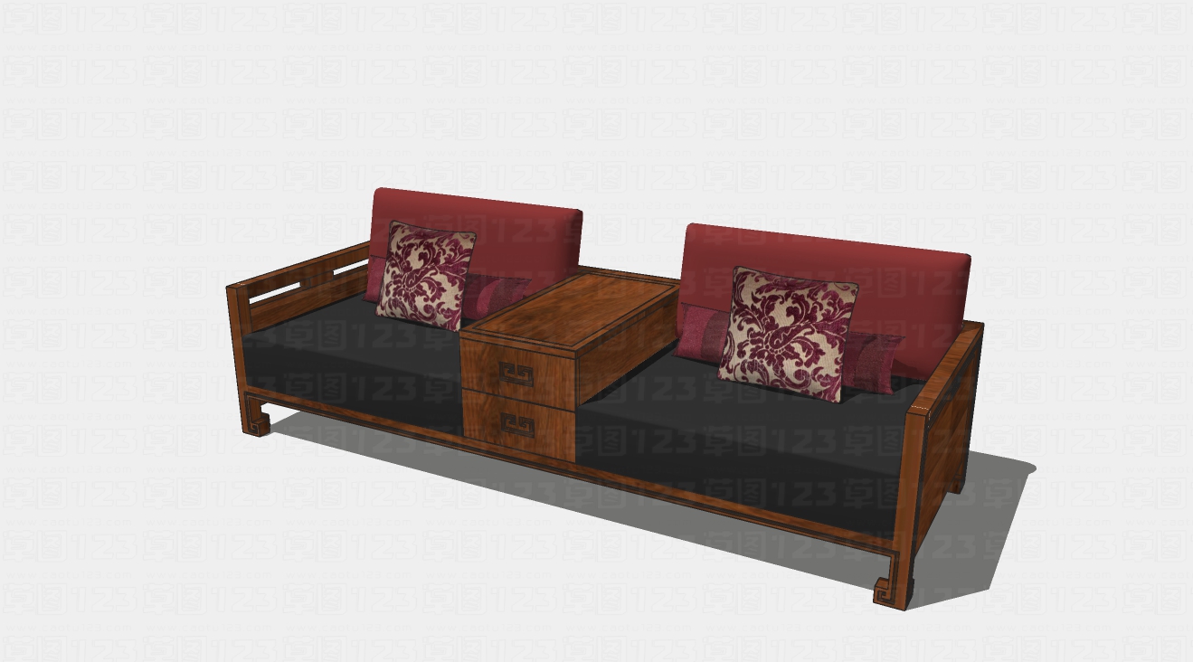 新中式双人实木沙发su模型