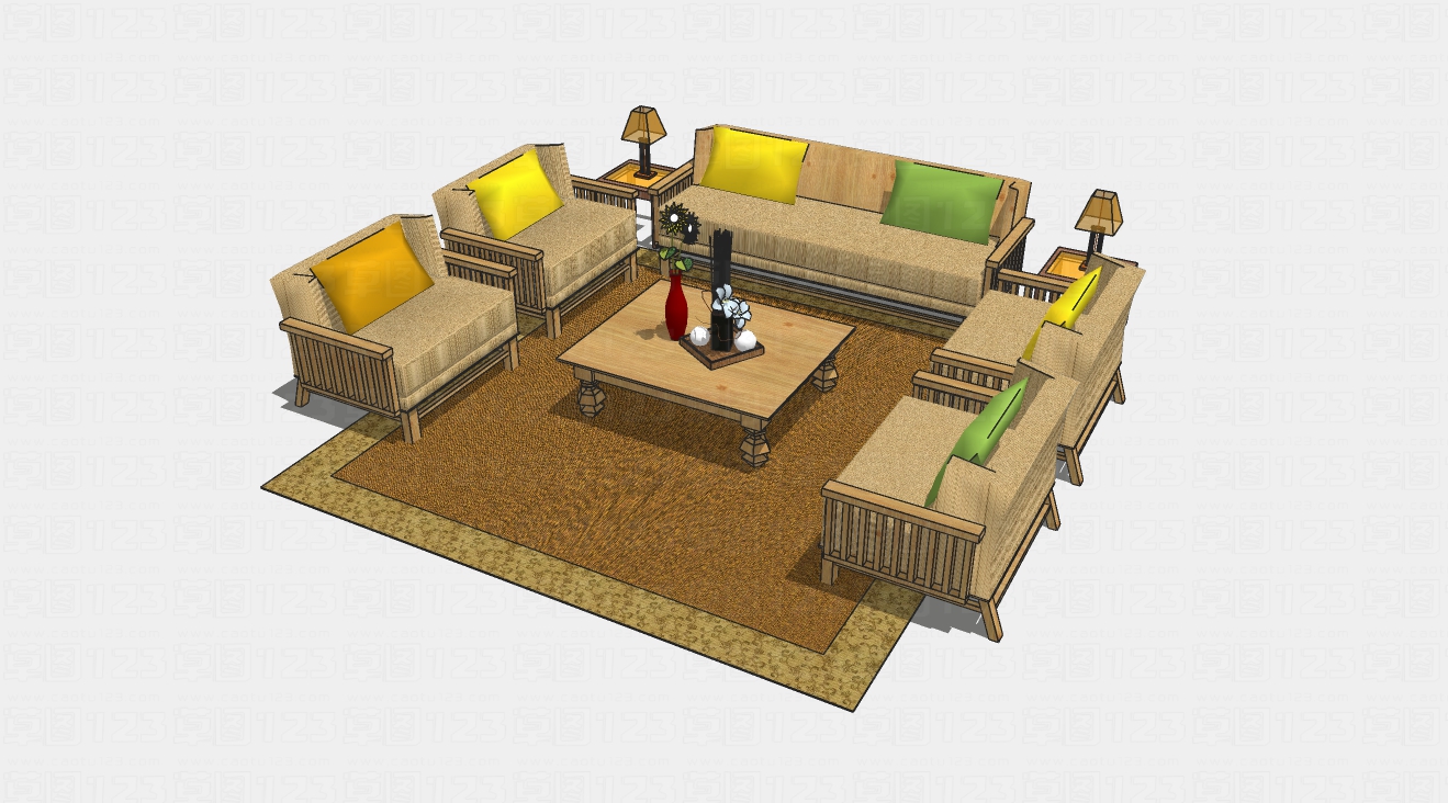 新中式客厅沙发组合su模型
