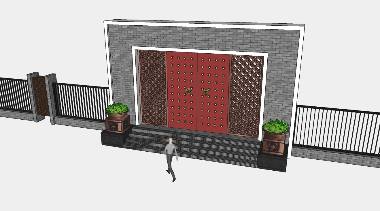 新中式复古大红门带围栏su模型
