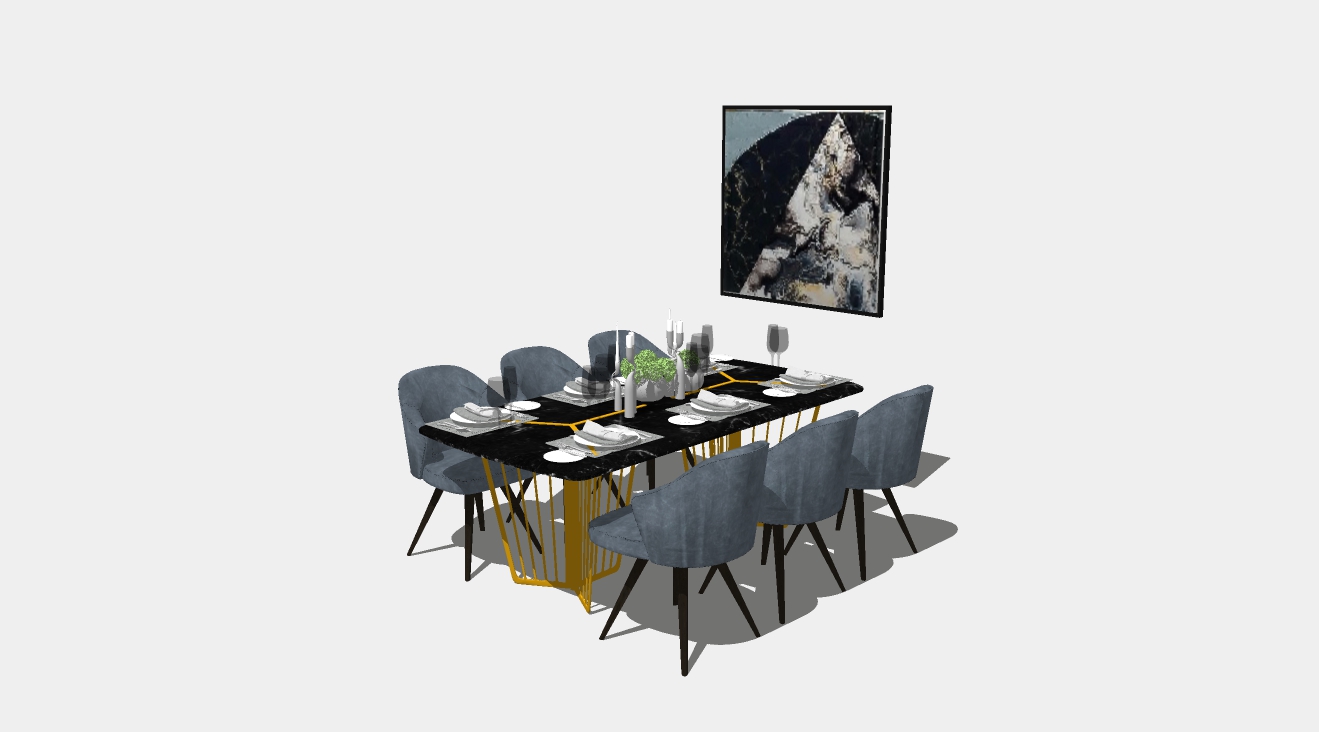 现代多人方形餐桌椅子组合su模型