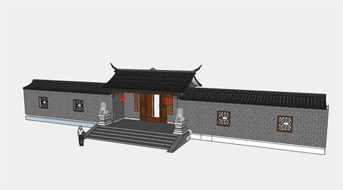 中式入户门围墙古建筑su模型