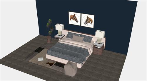 北欧风格双人床卧室组合设计su模型